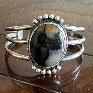 Navajo Southwest Cuff Bracelet Sterling Picture Moss Agate‎ Wood Old Pawn 32.4 g